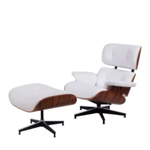 Poltrona Charles Eames Com Puff Couro Natural Branco