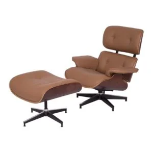 Poltrona Charles Eames Com Puff Couro Natural Caramelo