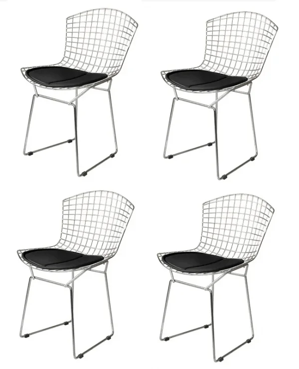 Kit 4 Cadeiras Bertoia Cromado Com Assento Preto