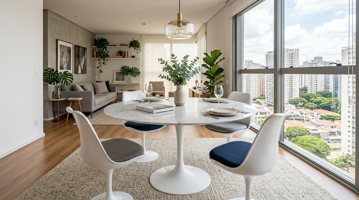 Versão da Mesa Saarinen Jantar Branca com Tampo de Mármore Carrara em uma sala decorada em São Paulo. Alt-text: Mesa Saarinen Jantar produzida pela MZ4 Design em ambiente moderno.