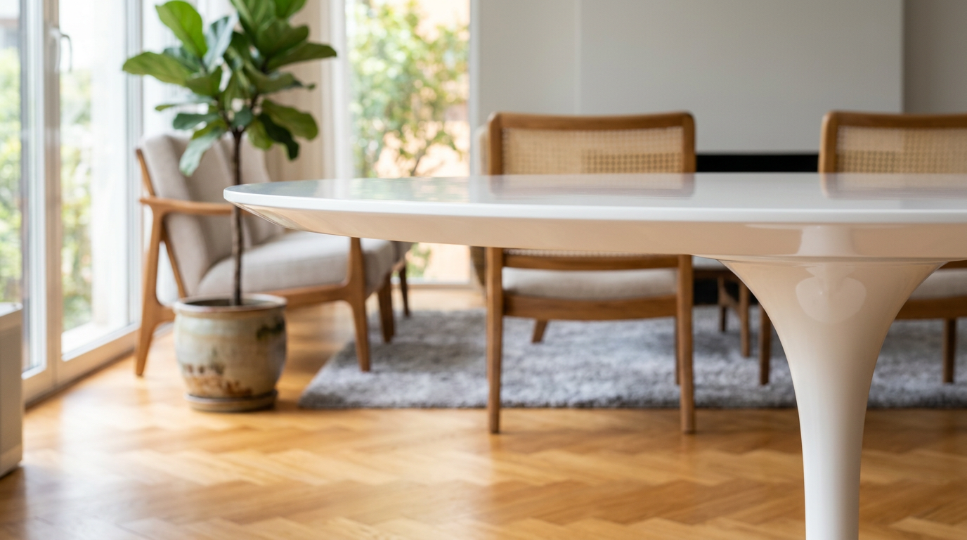 Detalhe do acabamento bico de pato em uma Mesa Saarinen da MZ4. Alt-text: Acabamento lateral bico de pato em Mesa Saarinen da loja MZ4 Design.